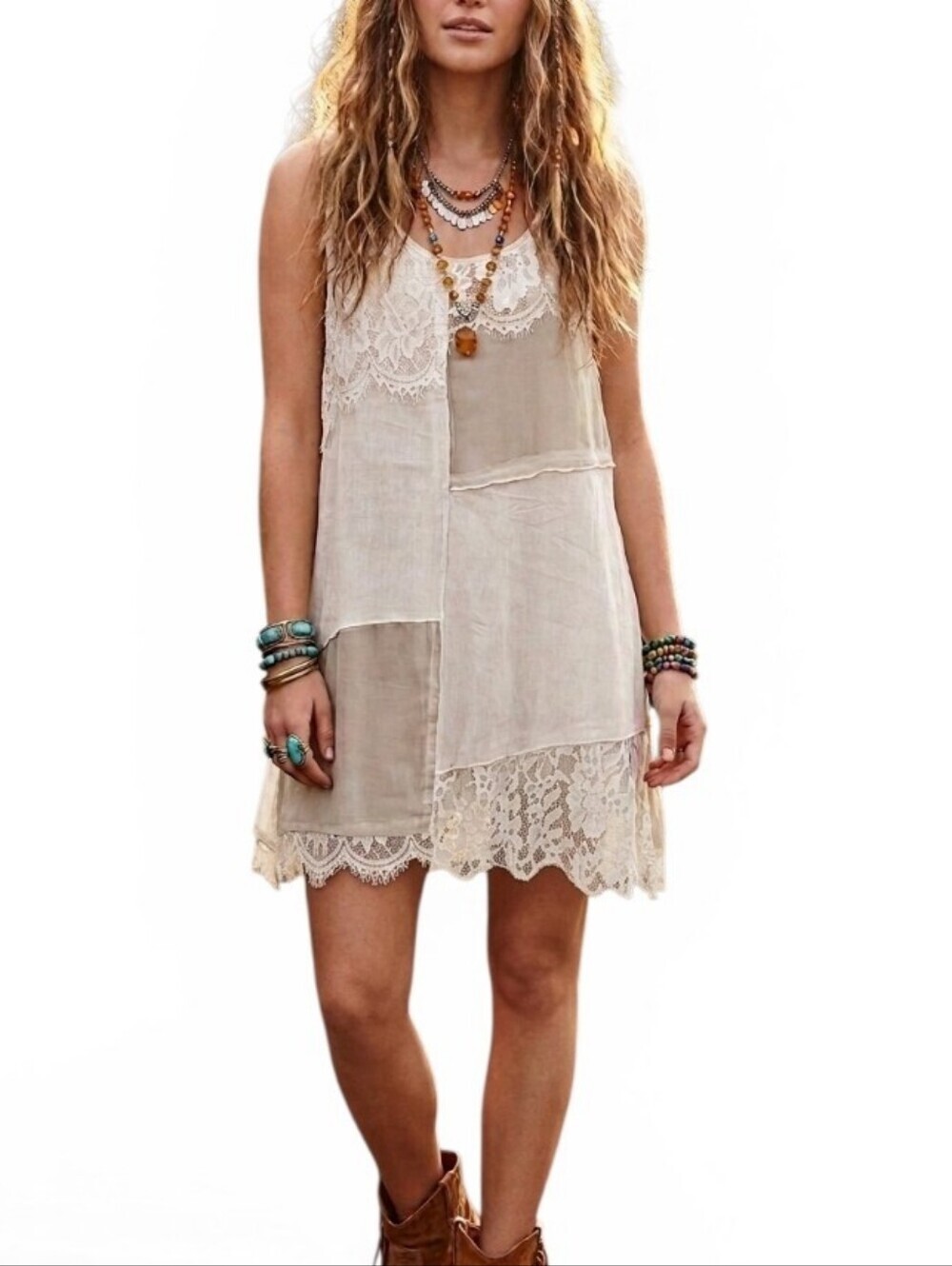 Pretty Angel Vintage 90s Lace Tan Creme Shift Dress Boho Coquette M